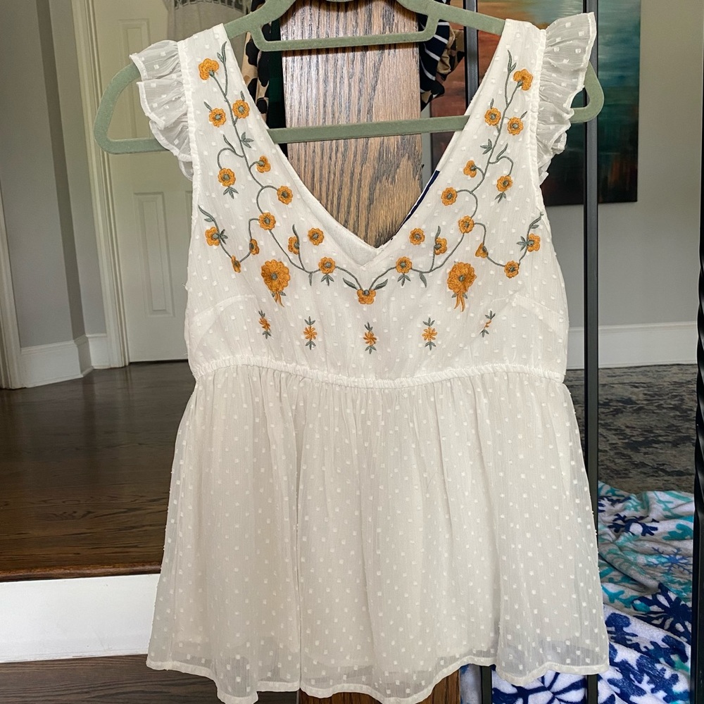 Flutter Sleeve Polkadot Top with Floral Embroidery-Feminine & Ethereal